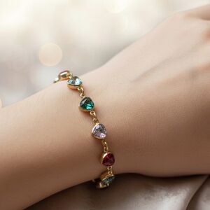 18K Gold Filled Heart Gemstone Bracelet 7” Multicolor Sparkle Link Chain